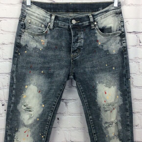 Dript Denim Blue Jeans Men’s 30/32 Grunge Button Fly Paint Splatter Distressed - Picture 3 of 12